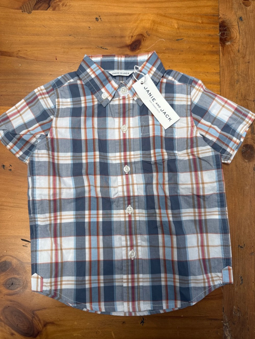 Janie and Jack Navy, White & Rust Plaid Short-Sleeve Button-Down